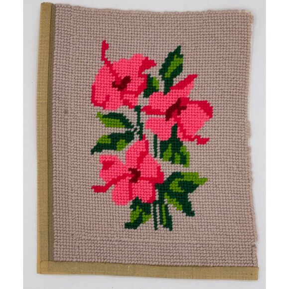 Vintage Unframed Needlepoint Picture Pink Flowers 70s Decor - Picture 3 of 5